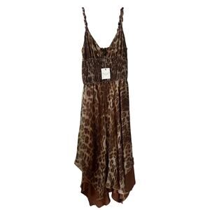 Zola Smocked Leopard Print V-Neck Asymmetric Midi Dress Brown Size Medium